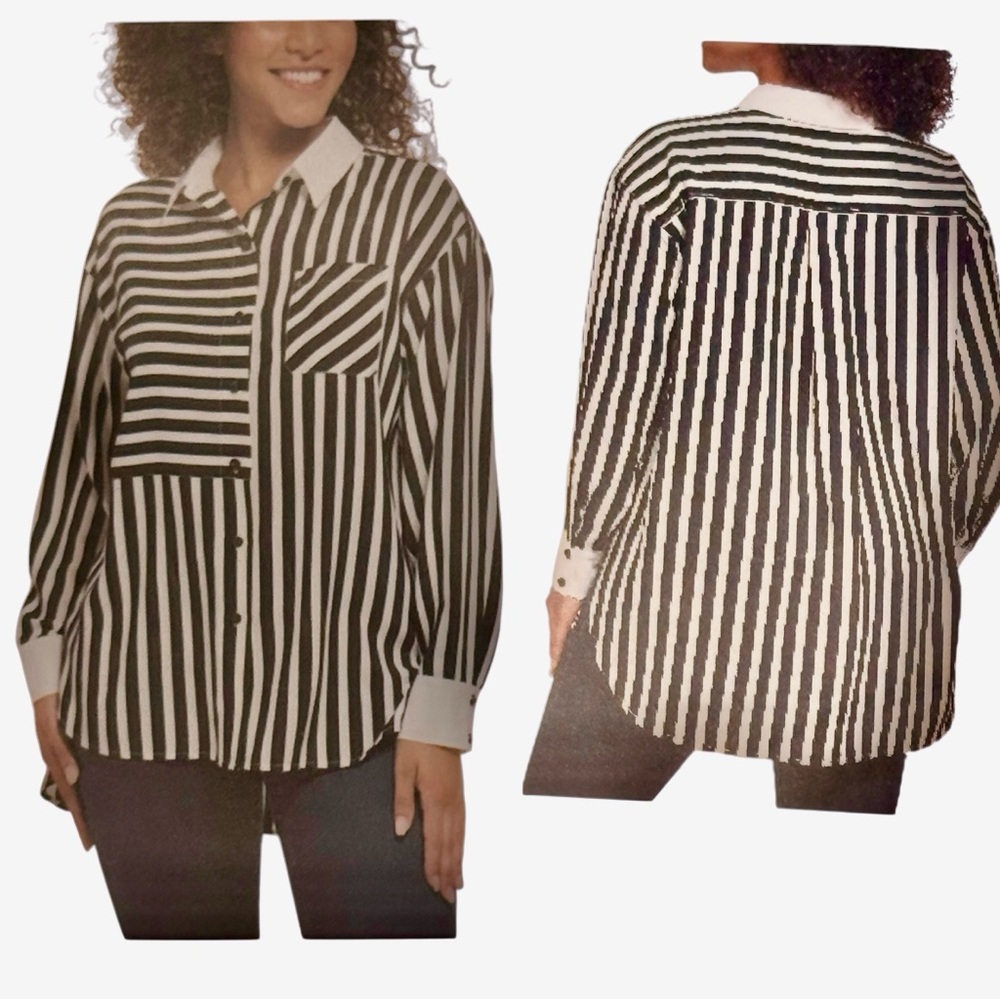 KARL LAGERFELD PARIS High Low Striped Button Down Shirt XL - Picture 1 of 10